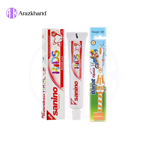 پک 2 عددی خمیر دندان کودک سانینو حاوی عصاره توت فرنگی + مسواک بانات — تصویر ۲